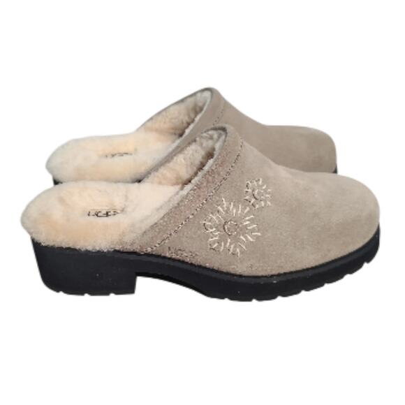UGG Sovang Suede Sheepskin Mule Clogs Size 10 Tan Floral 2" Heel - Picture 1 of 7